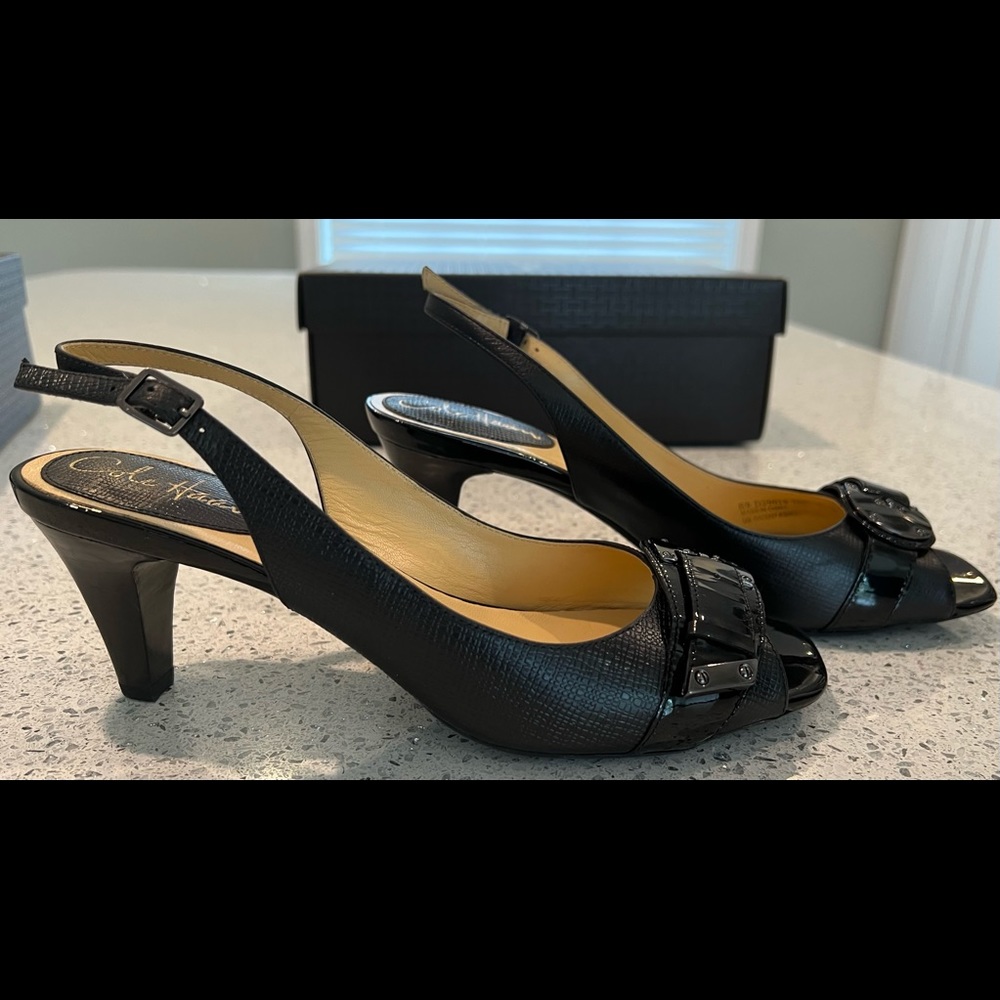 BRAND NEW. COLE HAAN BLACK LEATHER PEEP TOE SLINGBACKS. HEEL 2.75 approximately